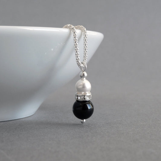 Jet Black Pearl Drop Necklace - Black Onyx and White Pendant Necklaces