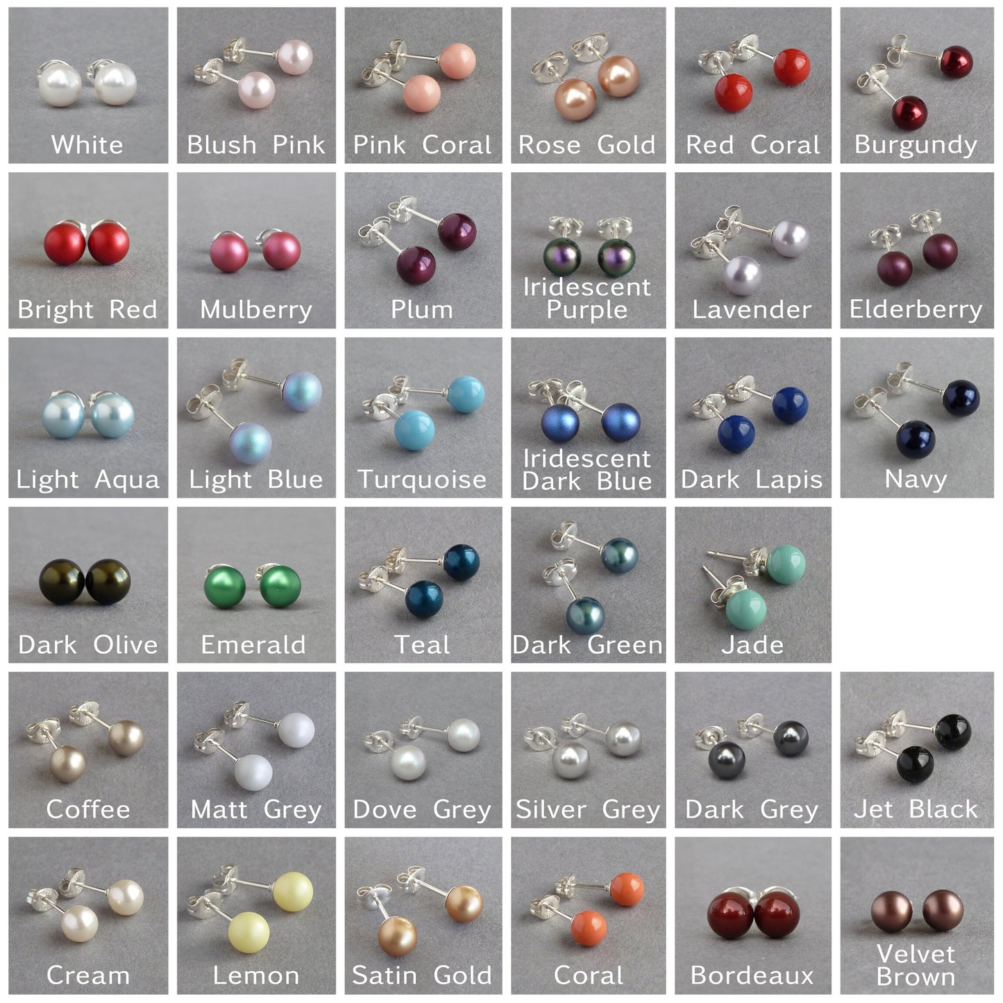6mm Silver Grey Glass Pearl Studs - Small, Round, Light Grey Stud Earrings