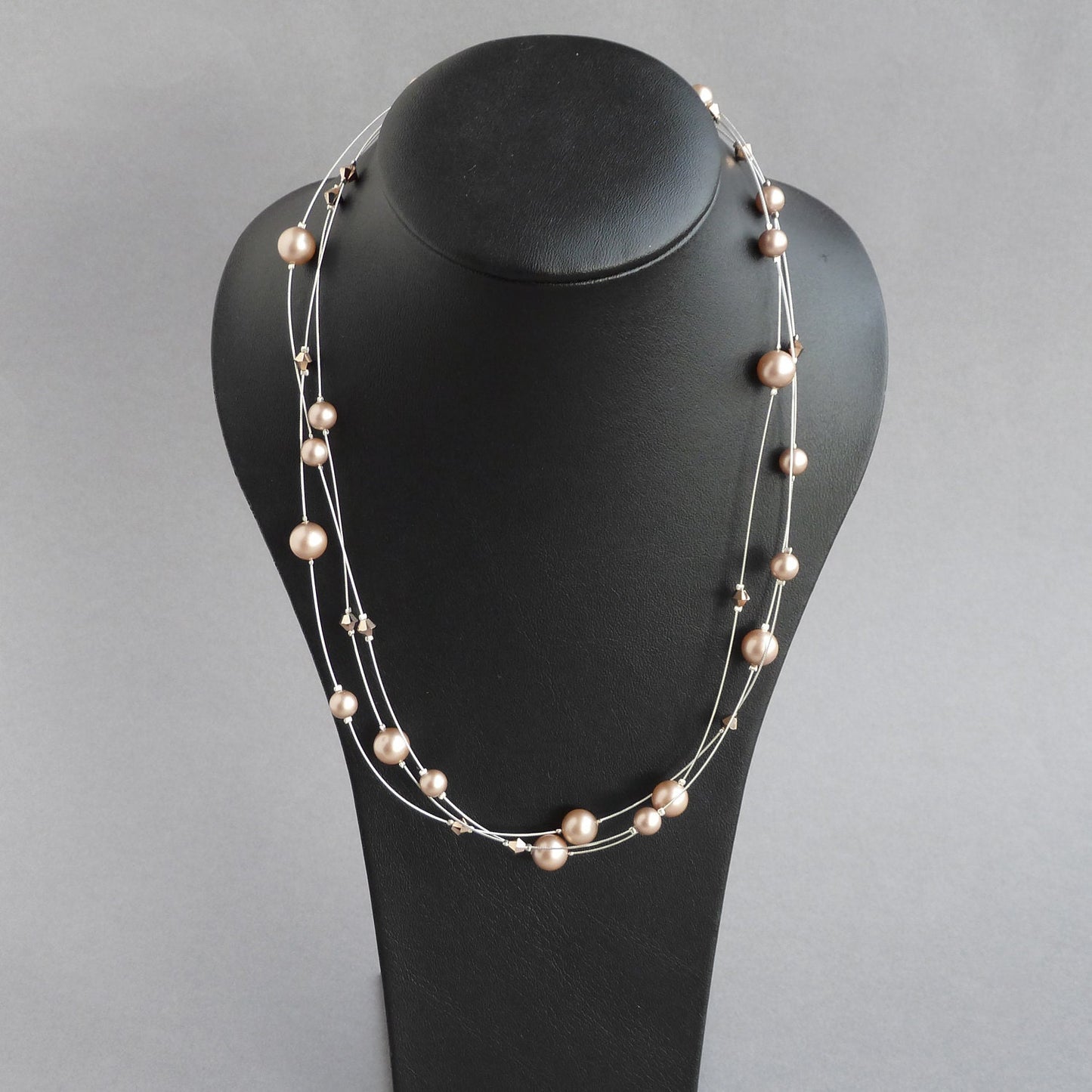 Rose Gold Floating Pearl Necklace - Champagne, Three Strand, Wedding Jewellery