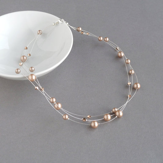 Rose Gold Floating Pearl Necklace - Champagne, Three Strand, Wedding Jewellery