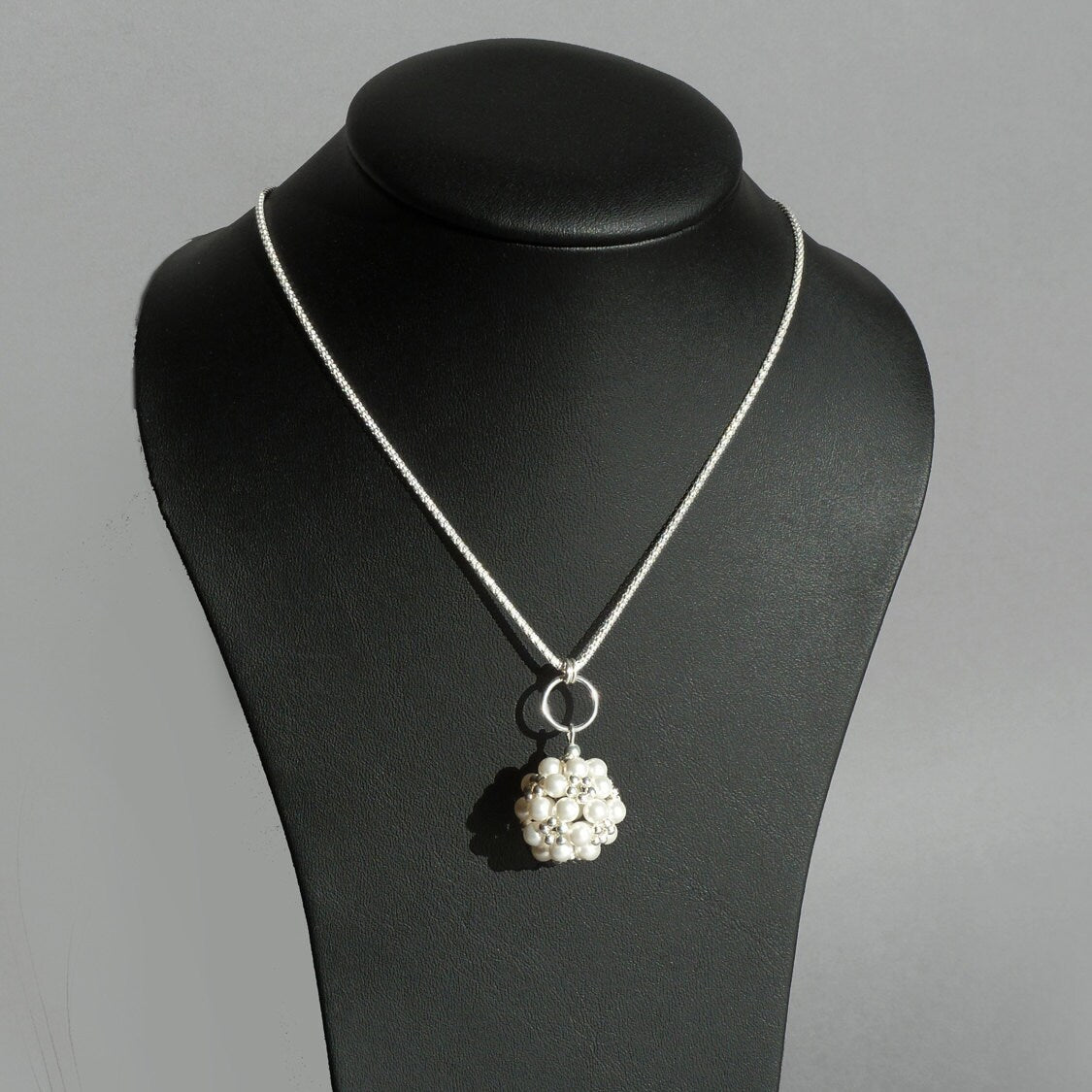 White Pearl Ball Necklace - White Glass Pearl and Sterling Silver Pendant