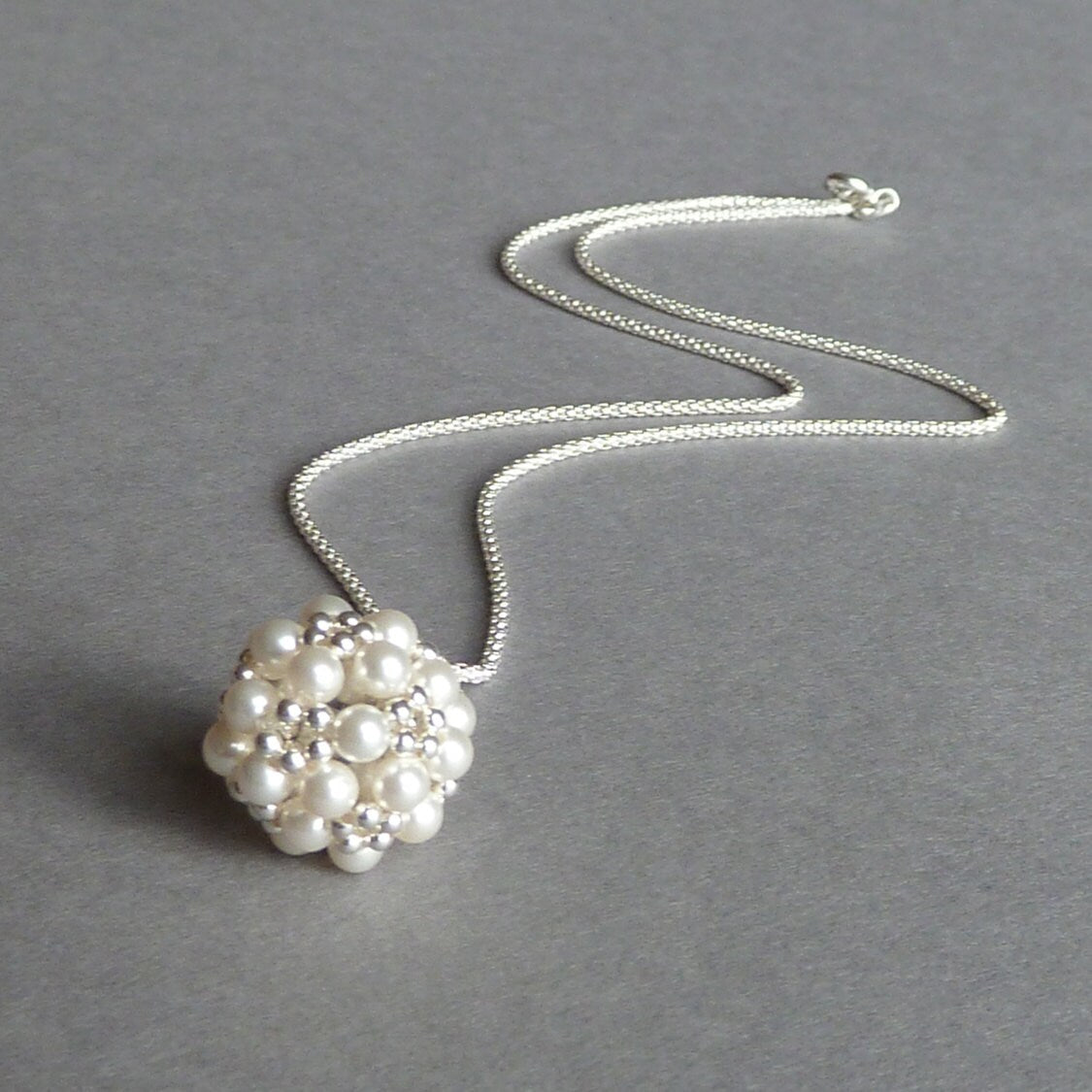 White Pearl Ball Necklace - White Glass Pearl and Sterling Silver Pendant