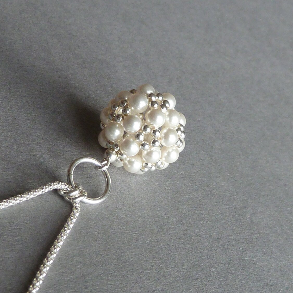 White Pearl Ball Necklace - White Glass Pearl and Sterling Silver Pendant