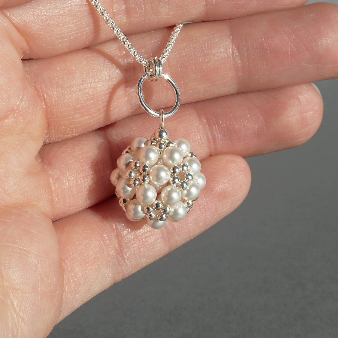 White Pearl Ball Necklace - White Glass Pearl and Sterling Silver Pendant