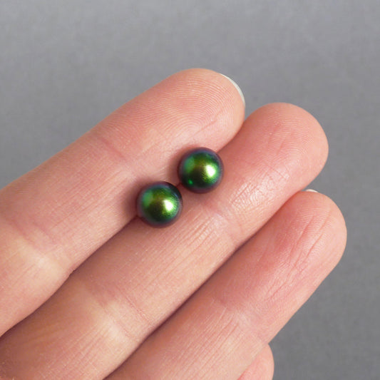 Purple green pearl stud earrings